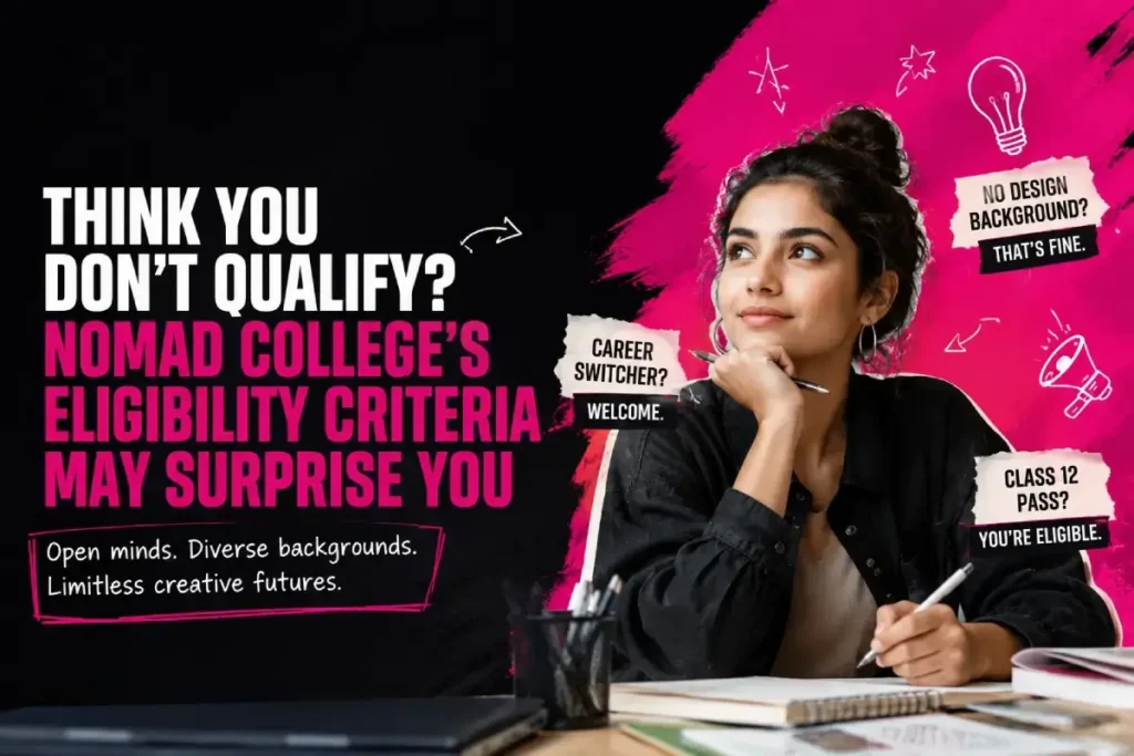 NoMAD College's Eligibility Criteria feature image showing creative students from diverse backgrounds, highlighting flexible admissions, no design background requirement, and career-switcher eligibility.