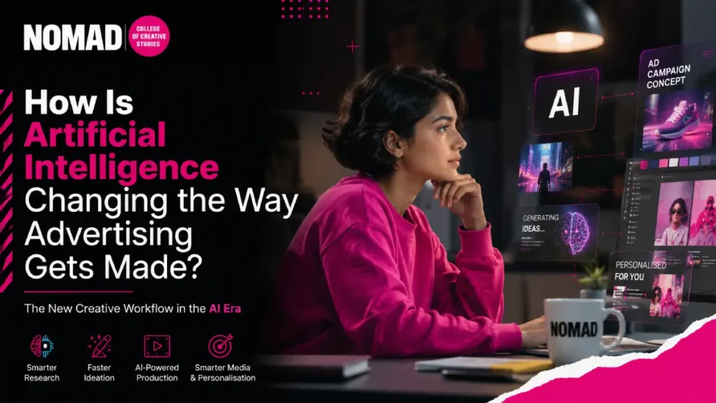 Student exploring AI-powered creative workflows on digital screens, showcasing an ai in advertising course that combines human creativity, strategy, and artificial intelligence in modern advertising.