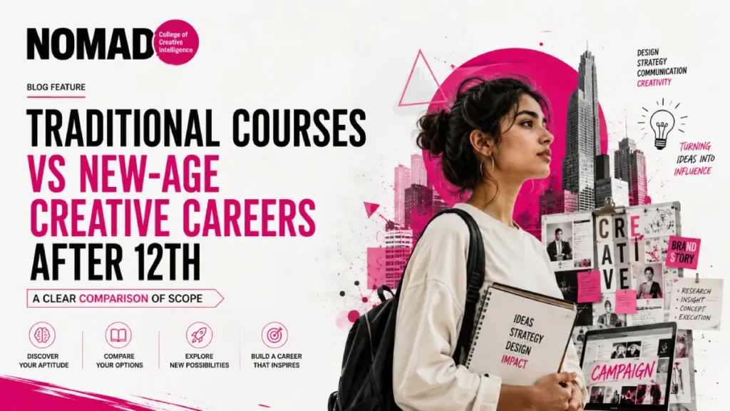 Traditional vs New-Age Creative Courses showcasing a student exploring creative career opportunities after Class 12, with branding, communication, design, and visual storytelling elements from NoMAD College.